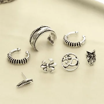 羽毛貓頭鷹圖騰×單邊七套件耳環組×銀色