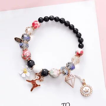 鑽石小鹿花朵&times;固定式琉璃串珠手鍊&times;深藍