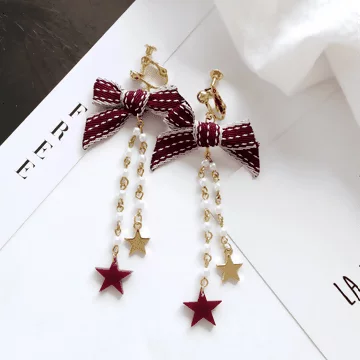蝴蝶結布藝星星珍珠×螺旋耳夾×酒紅