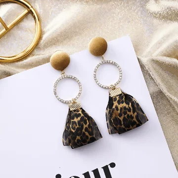 絲絨雪紡豹紋晶鑽圓環×吊墜耳環