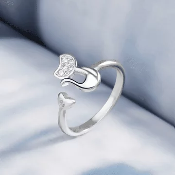 925銀飾&times;晶鑽愛心優雅貓咪&times;開口戒指