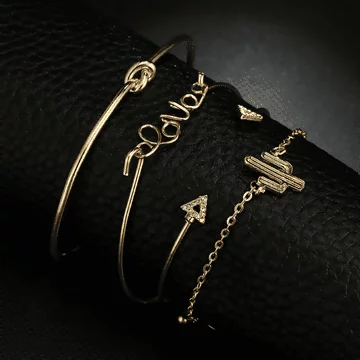 仙人掌LOVE打結三角晶鑽&times;四套件手環手鍊組