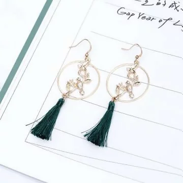 小鳥枝葉圓圈綠意流蘇×吊墜耳勾