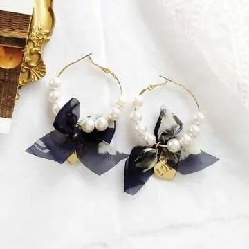 雪紡碎花珍珠愛心×吊墜耳環×靚藍