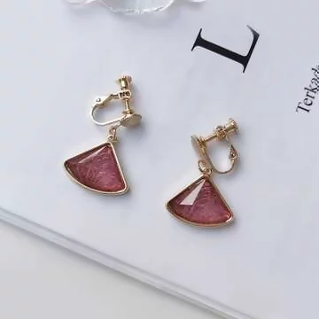 扇形髮絲粉紅晶珠×螺旋耳夾