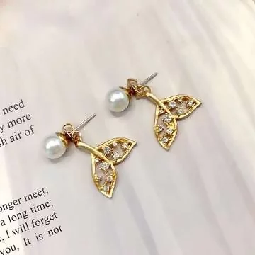 晶鑽珍珠魚尾巴×後掛式吊墜耳環