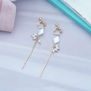 菱形珍珠垂線×螺旋耳夾