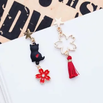黑貓紅櫻流蘇×不對稱吊墜耳環