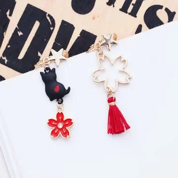 黑貓紅櫻流蘇×不對稱螺旋耳夾