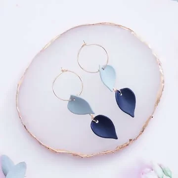 藍葉簡約圓環×吊墜耳環