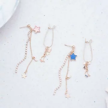 長條晶鑽星星月亮×不對稱吊墜耳勾×共二色