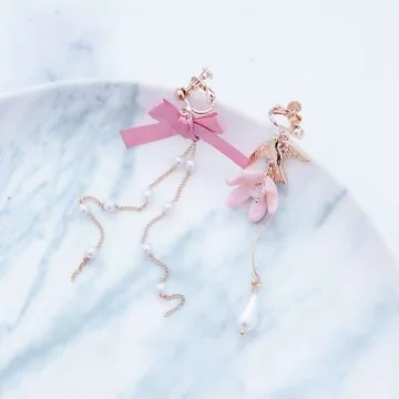 和平鴿粉花蝴蝶結×不對稱螺旋耳夾