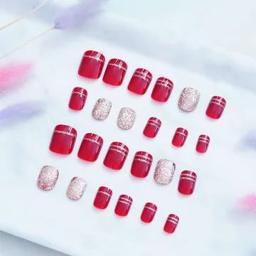 紅色香檳亮片亮面×穿戴式手指甲片×二十四入