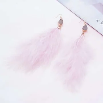 晶石裸粉羽毛&times;吊墜耳勾