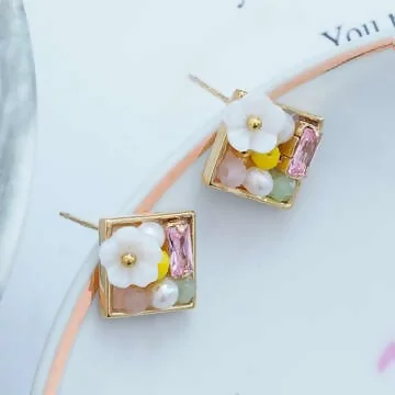 貝殼白花珠珠方塊×吊墜耳環
