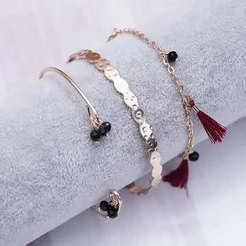 黑珠紅流蘇波紋&times;三套件手鍊手環組