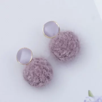 粉紫菱形水貂毛球×吊墜耳環