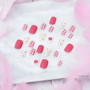 粉桃格子小花霧面×穿戴式手指甲片×二十四入