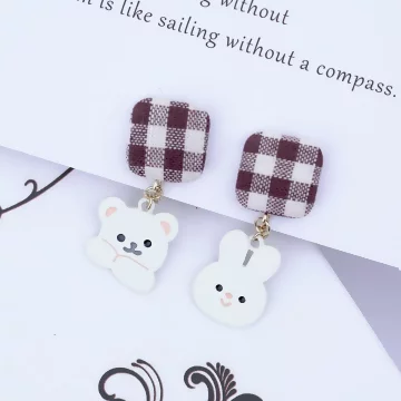 格子布藝小熊兔子×不對稱螺旋耳夾