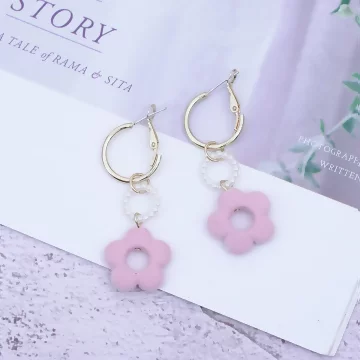 粉花植絨圓環珍珠&times;吊墜耳環