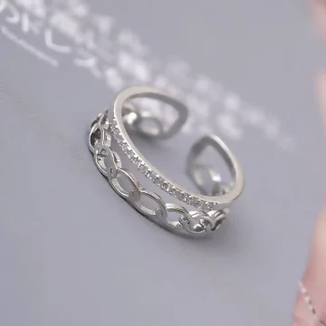 925銀飾×結辮雙層晶鑽×開口戒指