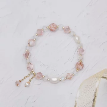 甜粉燦金垂墜珍珠&times;固定式串珠手鍊