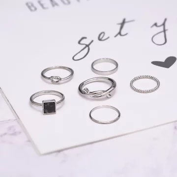 銀方塊大理石紋扭轉×六套件戒指組