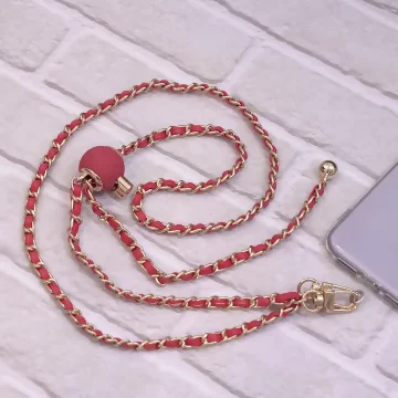 小香風鍊條皮革&times;手機斜背雙勾掛繩&times;紅色