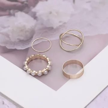 珍珠波堤交叉素圈&times;四套件戒指組&times;金色