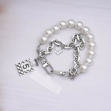 小香風香水5號雙層鍊條&times;手機腕帶掛繩&times;銀色