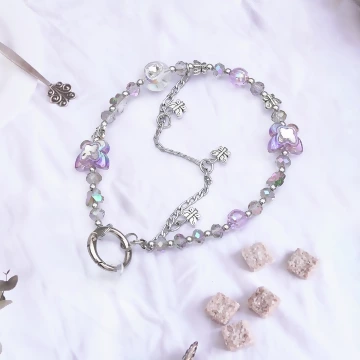 彩蝶水晶串珠&times;手機腕帶掛繩&times;紫色