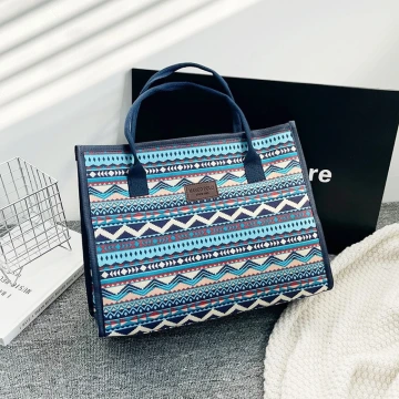 民族風線條圖騰印花×手提袋×藍色