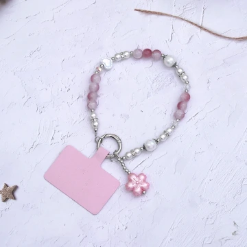 貓眼石琉璃小花×手機腕帶掛繩×粉紅