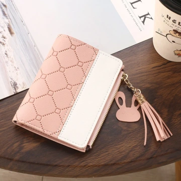 菱紋壓線×對折拉鍊短皮夾×粉紅