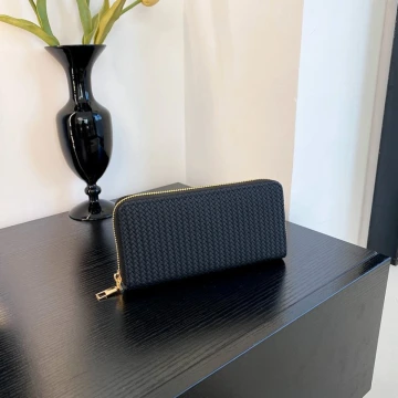 細編交織紋×拉鍊長皮夾×黑色