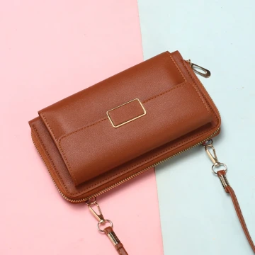 雙層口袋皮革×可斜背×手機拉鍊長皮夾×棕咖