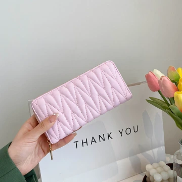 V字交叉繡線紋×拉鍊長皮夾×粉紅