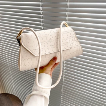 法式梯型鱷魚紋素色×肩背包×白色