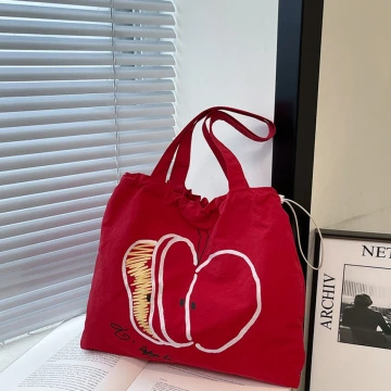 蘋果印花束口袋×肩背包×紅色