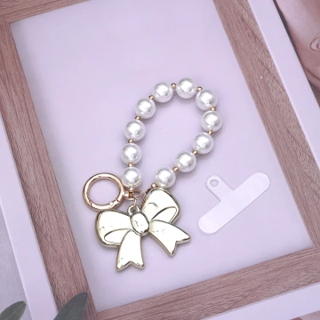 超大蝴蝶結珍珠×手機掌上掛繩×金色