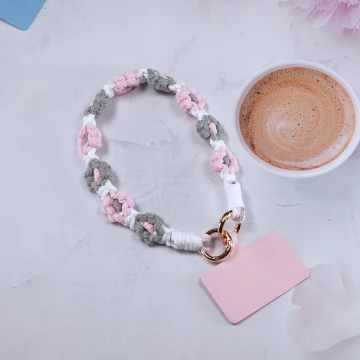小花朵編織&times;手機腕帶掛繩&times;白粉灰