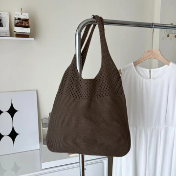 素色拼接鏤空針織×肩背包×棕咖