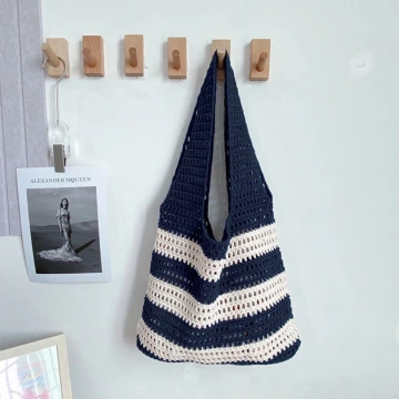 條紋拼接鏤空針織&times;肩背包&times;深藍