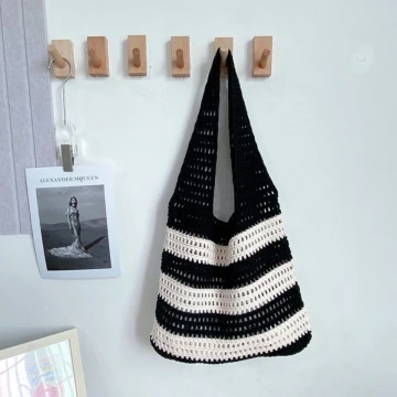 條紋拼接鏤空針織×肩背包×黑色