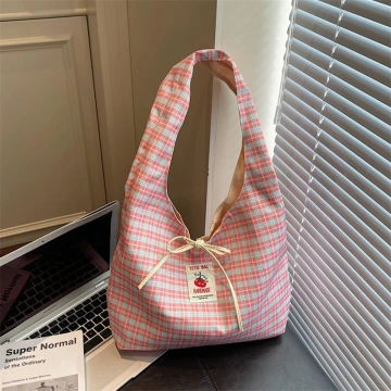 格紋蝴蝶結小蕃茄×肩背包×粉紅