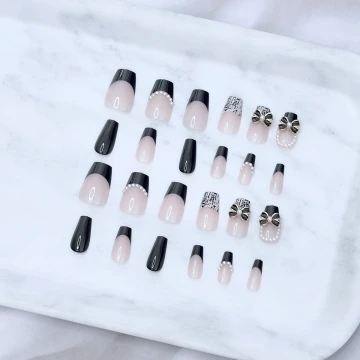 法式黑粉蝴蝶結亮面&times;穿戴式手指甲片&times;二十四入