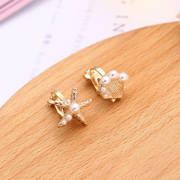 海星贝壳珍珠×不对称软垫三角耳夹×金