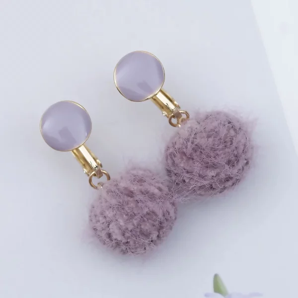 粉紫菱形水貂毛球×螺旋耳夾