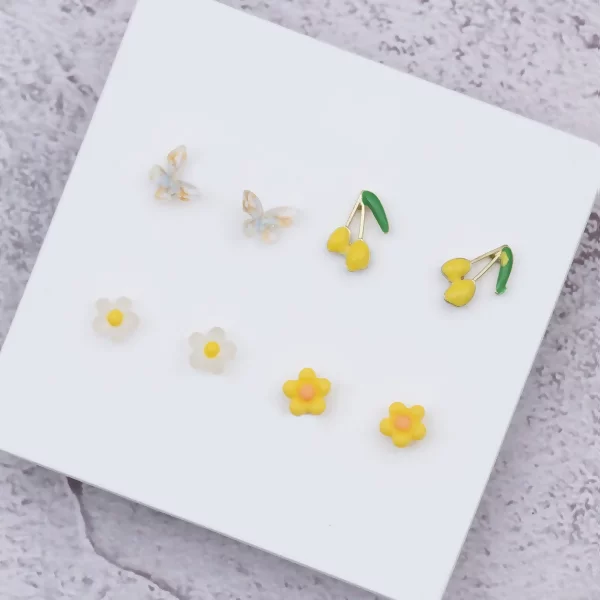 蜜黃×繽紛蝴蝶櫻桃小花 ×四套件耳環組