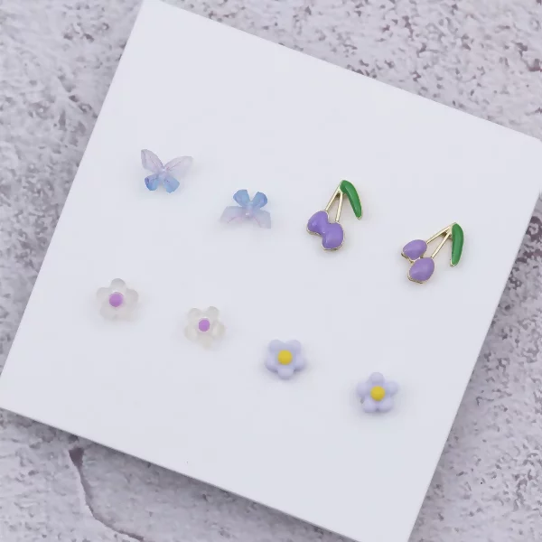芋紫×繽紛蝴蝶櫻桃小花 ×四套件耳環組